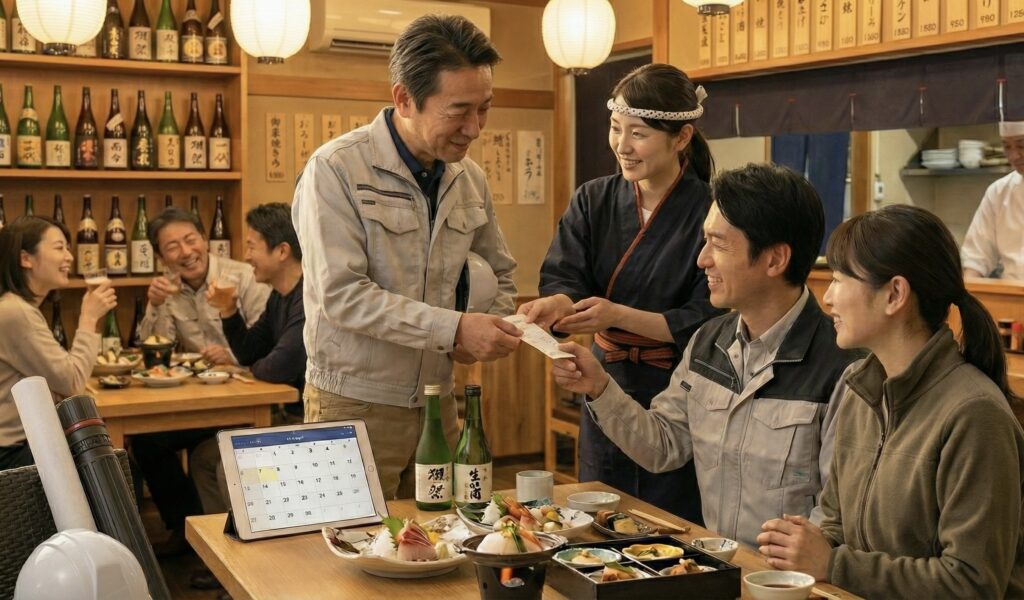 居酒屋で店員から領収書を受け取る、作業着姿の個人事業主のイメージ画像