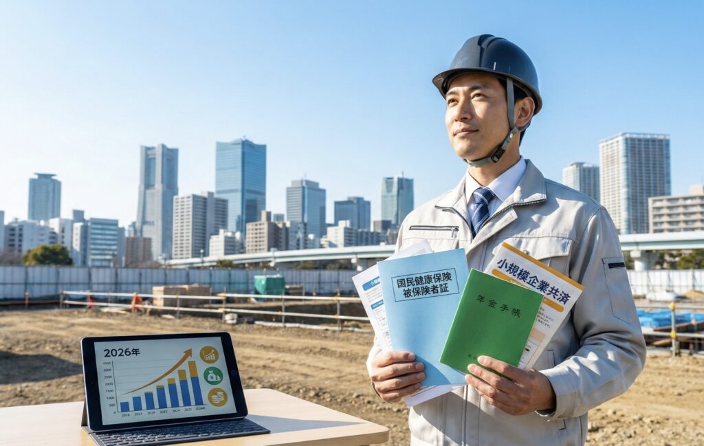 建設現場で国民健康保険証や年金手帳、小規模企業共済の資料を手に持つ、安心した表情の個人事業主の男性
