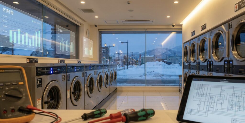 2026年の北海道にある近未来的なコインランドリーの内部を写した写真。電気工事士の視点から撮影されており、手前の作業台には黄色いデジタルマルチメーター(テスター)、赤と緑の柄のドライバー2本、そして複雑な配線図が表示されたタブレット端末が置かれている。これらはわずかに焦点が合っていない。中景には、青いLED表示灯が光る最新式のステンレス製ドラム式洗濯機と乾燥機が整然と並んでいる。店内の空間には、「光熱費」や「稼働率」を示す半透明のホログラムグラフが浮かび上がり、青や緑の線グラフや棒グラフが表示されている。床は白いタイル張りで、天井には複数のダウンライトと防犯カメラが設置されている。大きなガラス窓の向こうには、雪が積もった北海道の街並みと山々が広がり、夕暮れの空の下、街灯が灯り始めている。全体的に清潔で洗練された雰囲気で、温かみのある照明が落ち着いた空間を演出している。