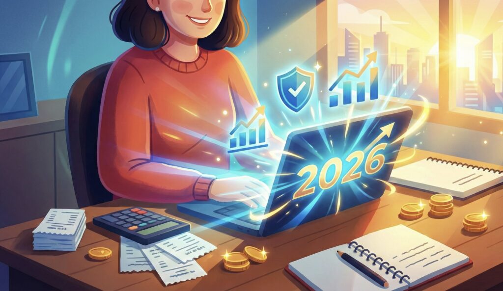 2026年の最新税制や補助金情報を活用し、個人事業主が明るい未来を切り拓くイメージのイラスト