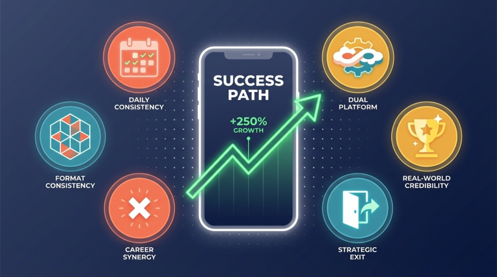 くるとんのSNSバズ6法則のイメージイラスト:スマートフォンの右肩上がりグラフを中心に、毎日投稿・2つの主戦場・フォーマット固定・本業の信頼・キャリア掛け算・出口設計を表す6つのアイコンが浮かぶフラットデザイン