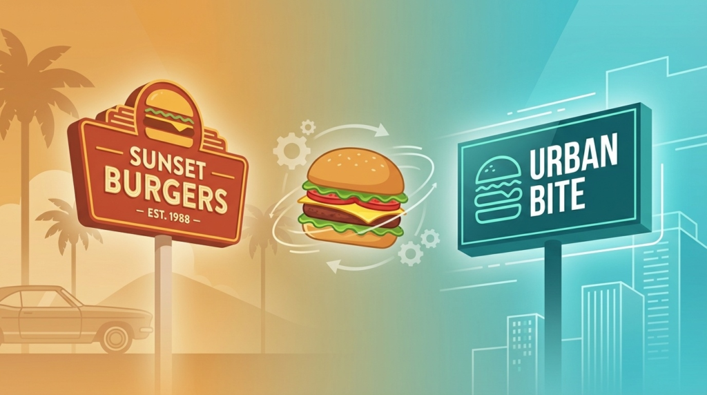 ロッテリアからバーガー・ワン／ゼッテリアへの変化を表すイメージイラスト：左にレトロな赤い看板が薄れゆき、右にモダンな青い看板が輝く中央にハンバーガーが浮かぶフラットデザイン