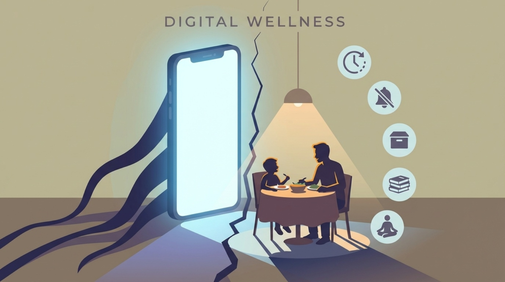 SNS依存と家族への影響を表すイメージイラスト：暗く光るスマホ画面の前で食卓に座る家族のシルエット、右側に5つの対策アイコンが並ぶフラットデザイン