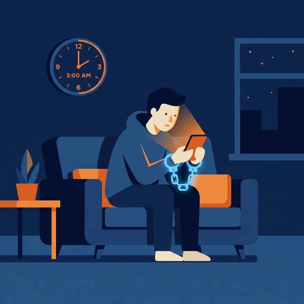 深夜にスマホの青い光に照らされながら画面を見続ける人のイラスト。スマホから伸びる鎖が両手首に巻きついている様子がスマホ依存症を表現している
