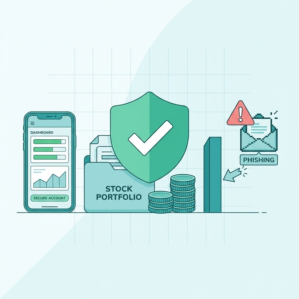 みずほ証券口座保有者への影響をまとめたイラスト。中央にチェックマーク入りの盾が証券口座フォルダとコインを守り、左にはスマホの口座画面が正常を示す緑のステータス表示、右にはフィッシング詐欺メールがバリアでブロックされている様子を描き、資産の安全性と注意点を視覚的に表現している。