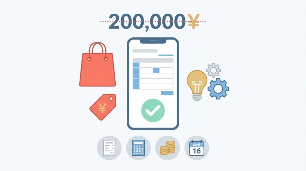 メルカリとココナラの確定申告20万円ルールを視覚的に表したイラスト。中央にスマホ申告画面、左側に赤いショッピングバッグと値札、右側にスキル販売を示す電球とギアのアイコン、上部に20万円の基準ライン、下部にレシート・電卓・コインスタック・申告期限カレンダーの4つのアイコンが並ぶフラットデザイン。