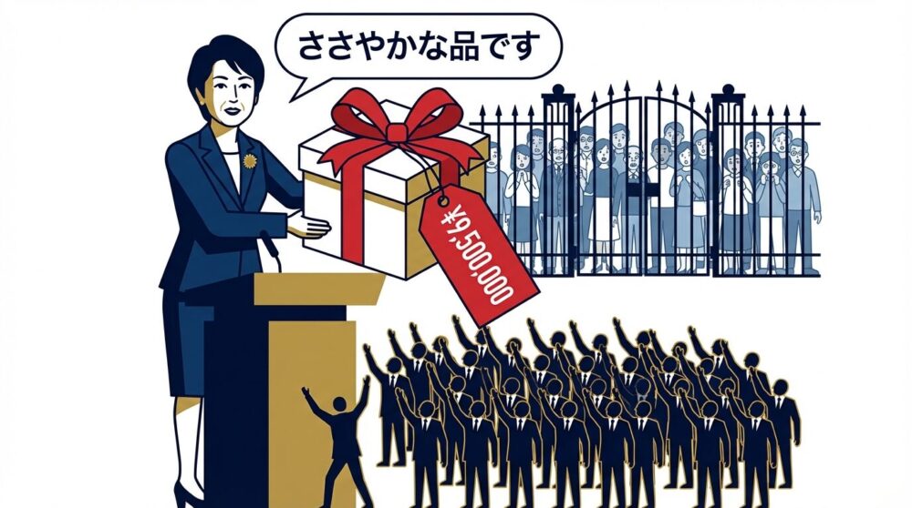高市首相カタログギフト950万円問題・X釈明炎上を風刺したイラスト|自民党議員への当選祝い配布騒動まとめ