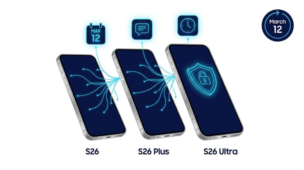 Galaxy S26/S26+/S26 Ultra 2026年3月発売モデル完全ガイド|第3世代Galaxy AIとプライバシーディスプレイのイメージイラスト