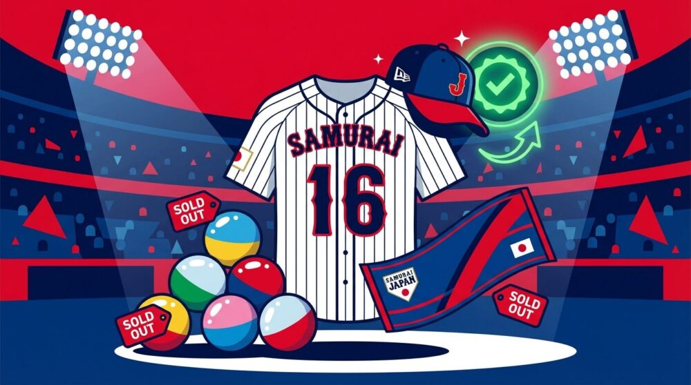 WBC2026侍ジャパングッズ展示イメージ。大谷翔平16番レプリカユニフォームを中心に、ニューエラキャップ・フェイスタオル・カプセルトイが並ぶ。一部商品にSOLD OUTタグ、再入荷バッジが光る公式グッズディスプレイ。