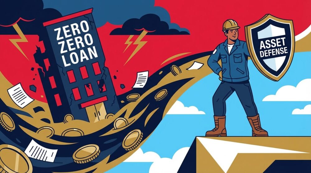 ゼロゼロ融資で倒産する企業と資産防衛で生き残る自営業者を対比したイラスト。嵐の中で崩れるビルと盾を持つ労働者を描く。