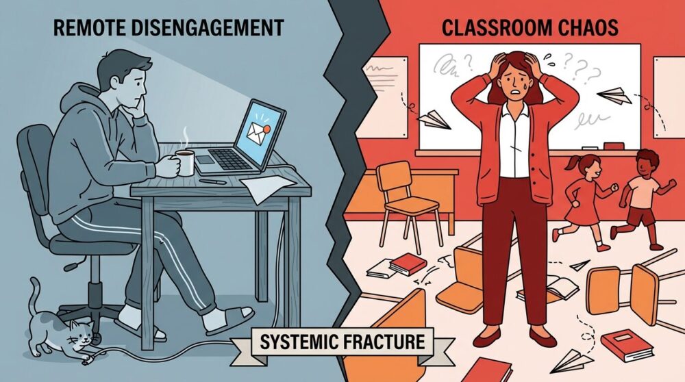 テレワーク中にサボる在宅ワーカーと、荒れた教室で萎縮する教員を対比したイラスト。モラルハザードの構造的問題を視覚化。