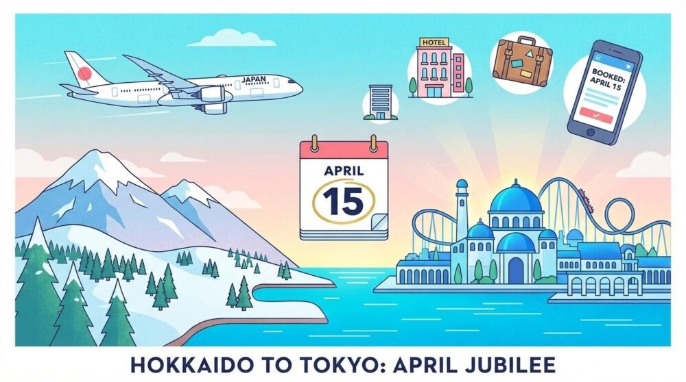 ディズニーシー25周年に向けた航空券・ホテル予約イメージのトラベルイラスト