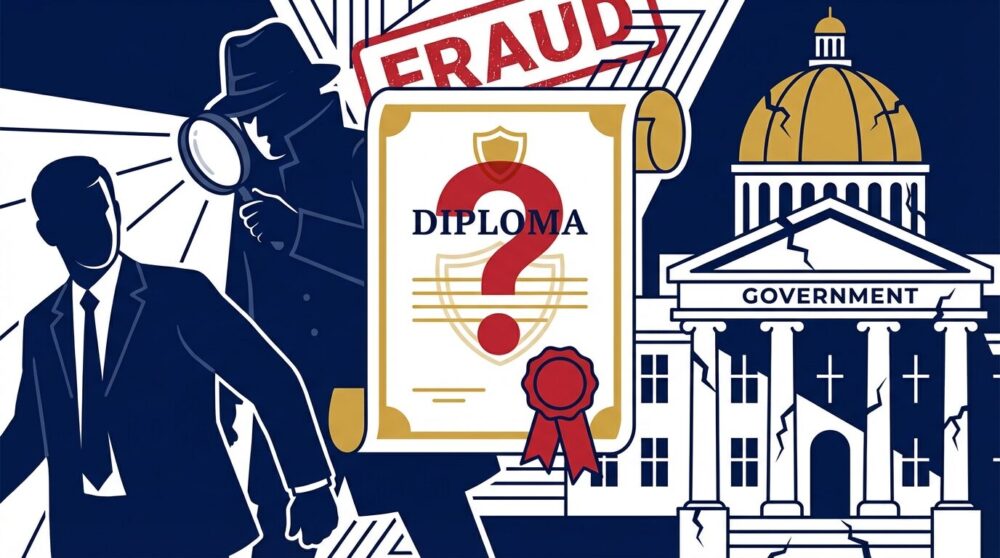 疑惑の卒業証書を隠す政治家と捜査する刑事を対比したイラスト。伊東市田久保前市長の書類送検を表現。