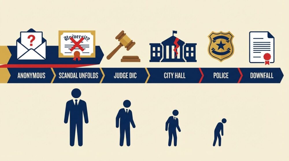 田久保眞紀前伊東市長の学歴詐称問題を時系列で表したイラスト。匿名投書から書類送検までの経緯をタイムライン形式で視覚化。