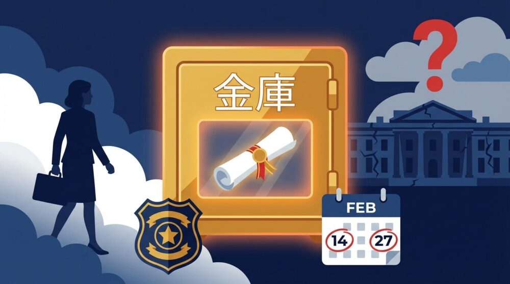 都内弁護士事務所の金庫に隠された卒業証書と、書類送検後に雲隠れした田久保前伊東市長をイメージしたイラスト