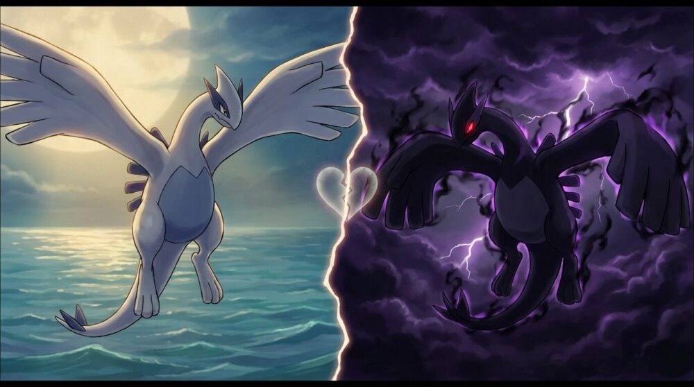 ポケモンXD:純白のルギアとダーク・ルギア(XD001)が対比されたイラスト。光と闇、2つの姿が1枚に描かれている