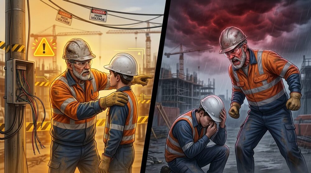 電気工事・建設現場のイラスト。左側は安全指示のために声を上げるベテラン職人、右側は感情的に怒鳴り若手を萎縮させる場面が対比で描かれている