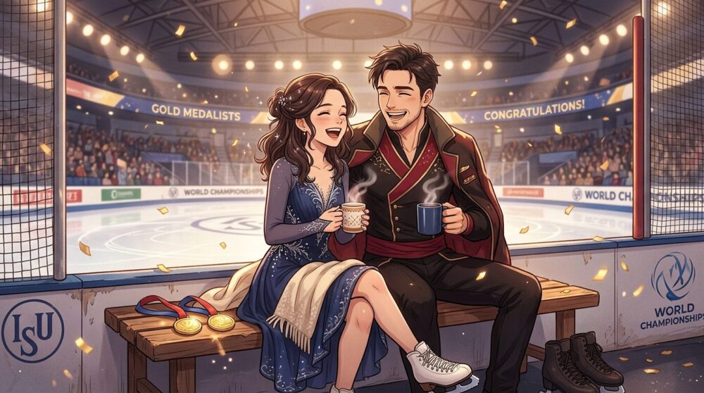 りくりゅうの関係性をイメージしたアニメ風イラスト。試合後のリンクサイドで金メダルを傍らに並んで座り、ホットドリンクを手に笑い合う2人のフィギュアスケーター。言葉を超えた深い信頼と自然体の距離感が伝わる、温かくほんのり甘い雰囲気のシーン。