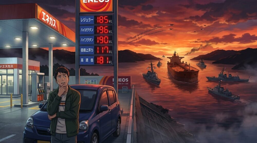 ホルムズ海峡閉鎖と日本のガソリン価格高騰のイメージイラスト。海峡で軍艦に挟まれた原油タンカーと、ガソリンスタンドで値上がりする価格表示板を見つめる人物を描いたシネマティックなアニメ風イラスト。背景には戦闘機が飛び交い、日本への原油ルートが赤く示されている。