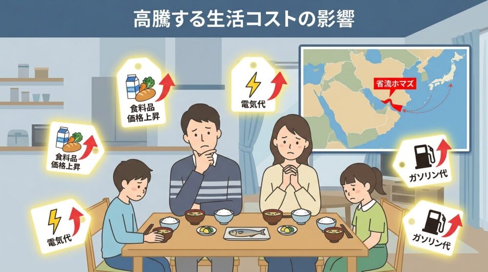 ホルムズ海峡の緊張による物価高騰で家計を見直す日本の家族のイラスト