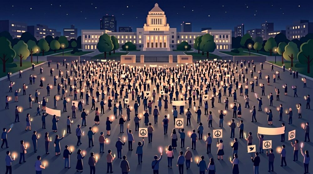 官邸前でペンライトを掲げて改憲反対を訴える市民たちの夜のデモイラスト