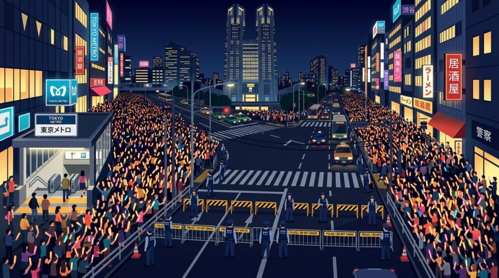 東京・首相官邸前でペンライトを持つ市民が歩道を埋め尽くし警察が警備にあたるデモのイラスト