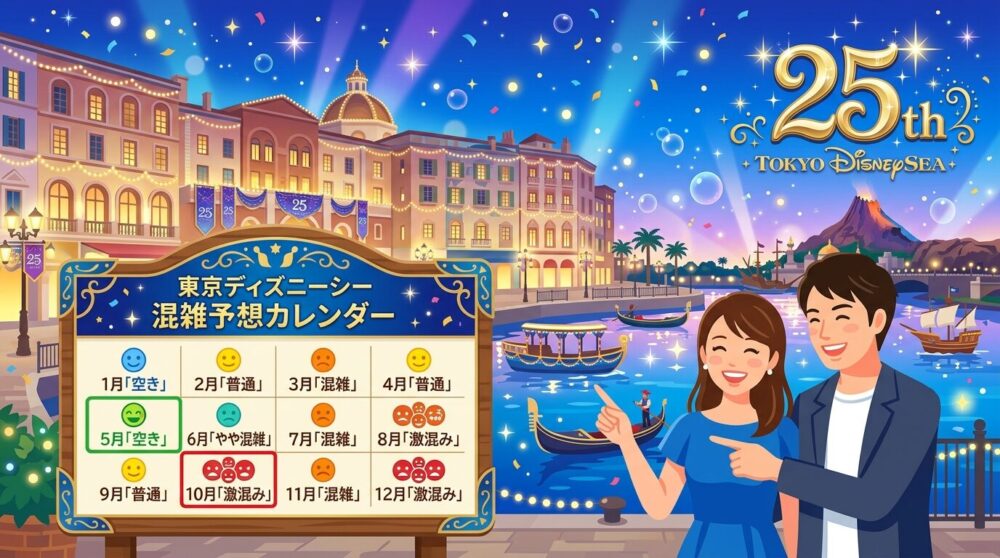 東京ディズニーシー25周年スパークリングジュビリーの混雑予想カレンダーを確認するカップルのイラスト｜2026年月別混雑回避ガイド