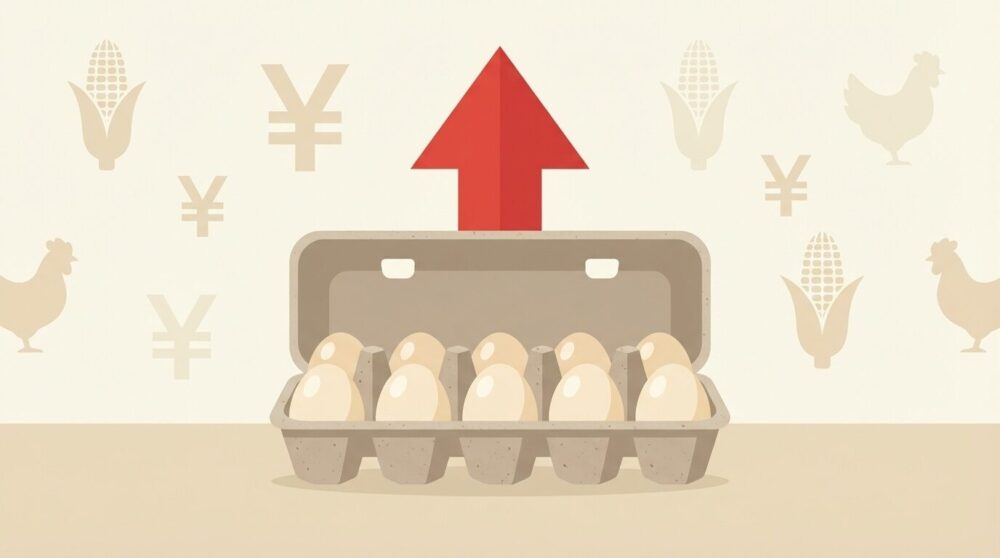 卵1パック308円の価格高騰と鳥インフル・飼料コスト上昇を表すイラスト