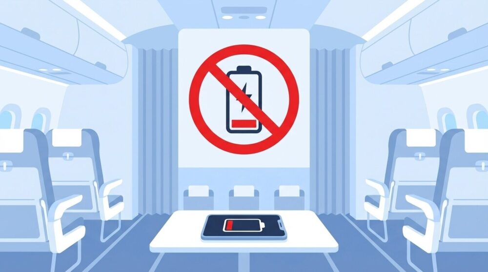 航空機内でモバイルバッテリー使用禁止を表すイラスト