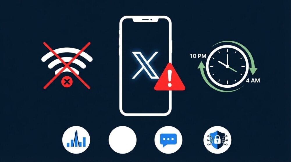 X(旧Twitter)の大規模障害を視覚的に表したイラスト。中央にX のロゴと赤い警告マークが表示されたスマートフォン、左側にWi-Fi接続エラーのアイコン、右側に22時から翌4時への復旧タイムラインを示す時計、下部にDowndetector報告数グラフ・空白タイムライン・代替SNS・セキュリティの4つのアイコンが並ぶフラットデザイン。