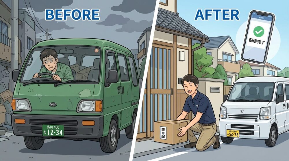 白ナンバーの配送バンが住宅前で置き配を行うイラスト。
スマートフォンの配送通知と郊外の住宅街を背景に、物流の新しい形を表現。