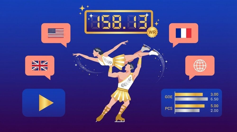 りくりゅうペア金メダルの演技・得点・海外反応を視覚的に表したイラスト。中央にグラディエーター風衣装でリフトを行う2人のスケーターシルエット、周囲にアメリカ・イギリス・フランス・イタリア・世界の国旗入り吹き出し、上部にフリー世界最高158.13点のスコアボードとWRマーク、左下に動画再生ボタン、右下にGOE・PCSの得点内訳バーチャートが配置されたフラットデザイン。