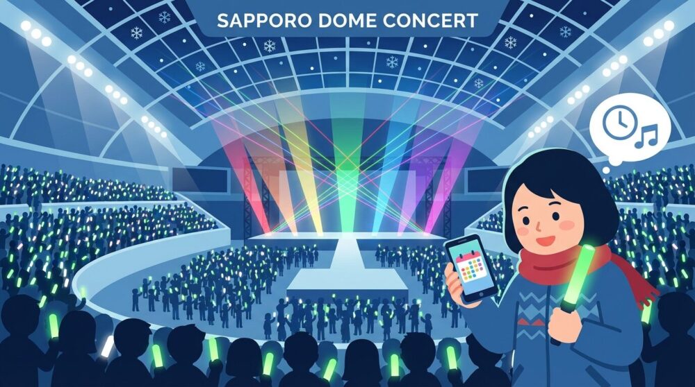 嵐ラストツアー2026「We are ARASHI」札幌ドーム公演当日のイラスト|ペンライトが輝くドーム内と当日タイムスケジュールを確認するファンの様子