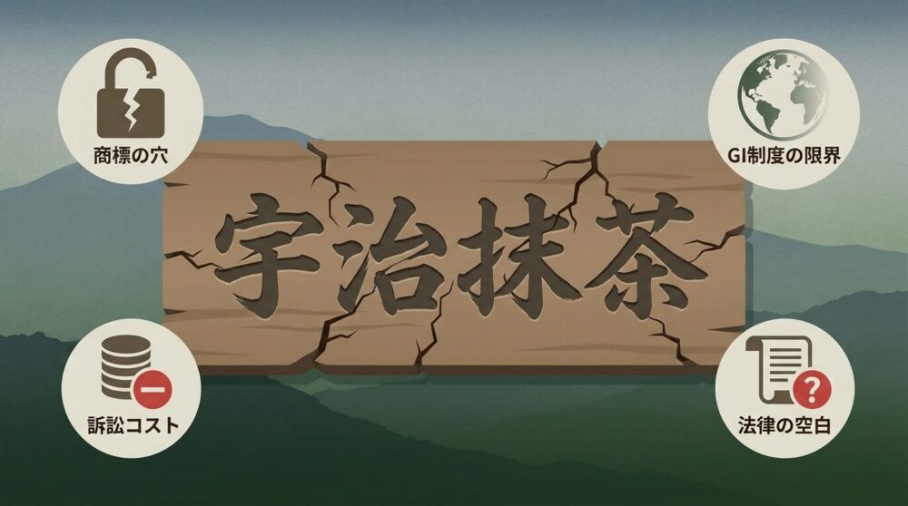 「宇治抹茶」の木製看板にひび割れが入り、商標・GI制度・訴訟コスト・法的空白を示す4つの警告アイコンが周囲に浮かぶ知的財産問題を表したイラスト