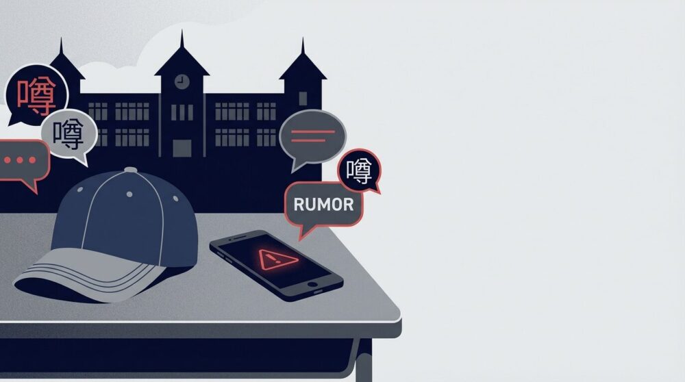 学校のシルエットとスマホの警告表示、噂を示す吹き出しで「拡散と説明責任」を表現したイラスト