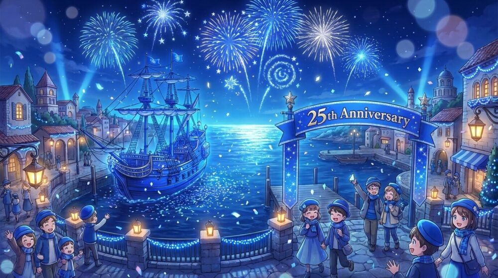 東京ディズニーシー25周年「ジュビリーブルー」に染まる夜のハーバーと花火のイラスト