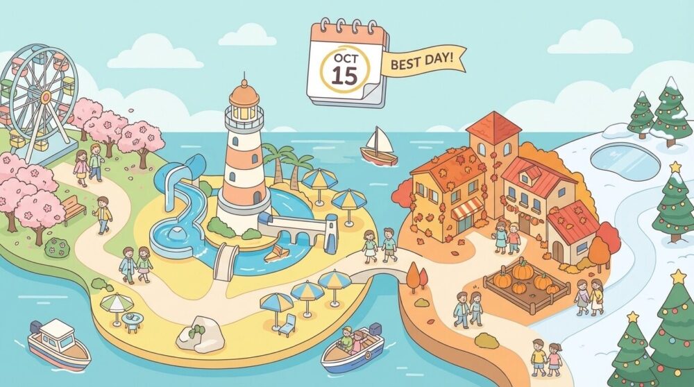 東京ディズニーシー25周年の月別混雑イメージと狙い目時期を示すイラスト