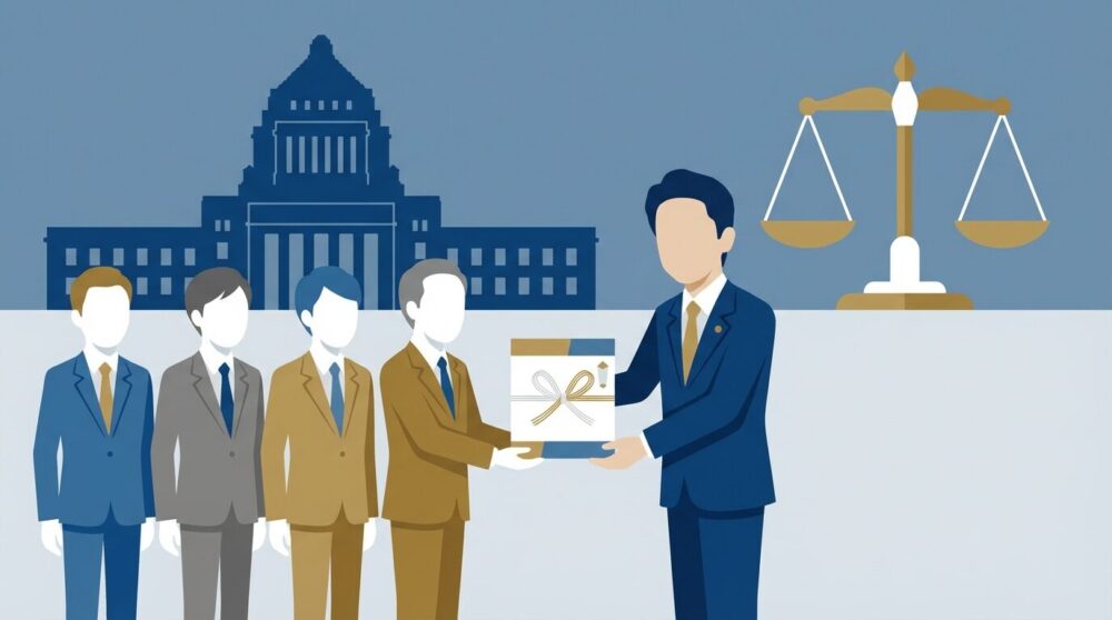 高市首相カタログギフト問題・公選法違反の可能性と辞任シナリオを解説するイラスト