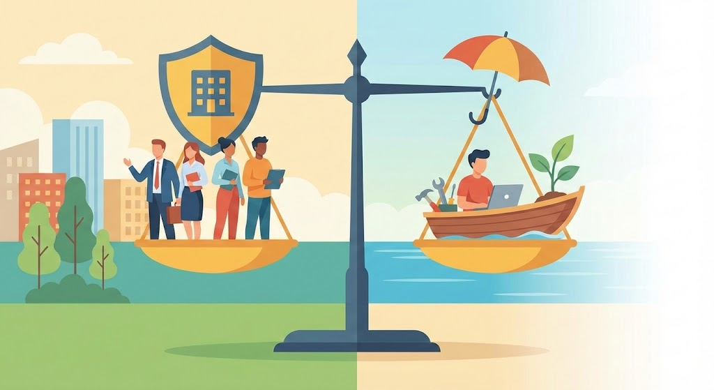 天秤で比較される会社員と個人事業主のイラスト。左側は盾に守られた会社員グループ、右側は小船に乗って作業するフリーランスが描かれ、社会保険の安定性と独立のリスクを対比させている。
