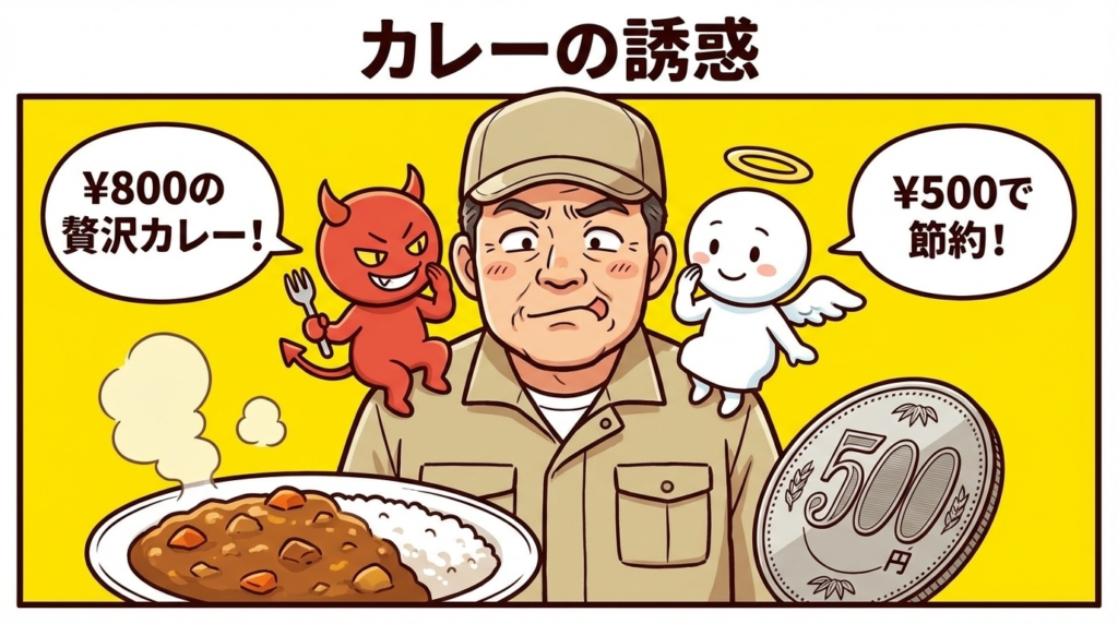 真ん中の50代作業員男性の両肩に「800円カレー悪魔」と「500円節約天使」が乗って囁いている4コマ漫画風イラスト。手前にカレーと500円玉、背景はポップな黄色。太い線画、親しみやすいキャラデザイン