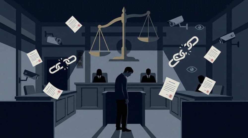 横浜駅痴漢冤罪事件で加害女性が不起訴となり、被害男性が検察審査会申し立てを計画していることを表現した、傾いた正義の天秤と防犯カメラアイコンが浮かぶ法廷イメージのフラットイラスト