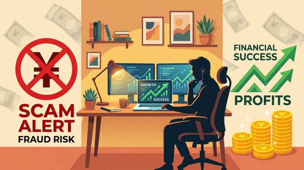 副業で月1万円稼げない人の特徴と詐欺リスクを警告し、デュアルモニターとAI活用で確実に稼ぐ最短ルートを解説した記事のヘッダーイラスト