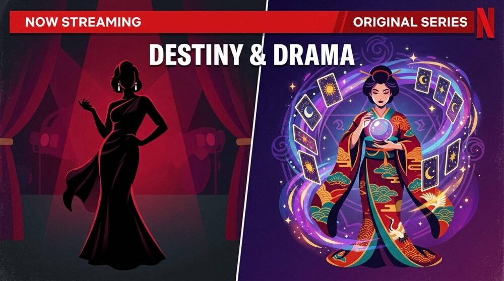 戸田恵梨香がNetflix『地獄に堕ちるわよ』で占い師・細木数子を演じる役変身と2026年4月27日配信を告知する記事のヘッダーイラスト。女優と占い師のシルエットを対比したフラットデザイン。