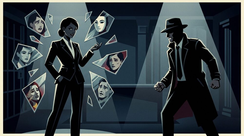 日曜劇場『リブート』第6話で真犯人と判明した一香（戸田恵梨香）と早瀬（鈴木亮平）の対決シーンをイメージしたフラットイラスト。裏切りと復讐をテーマにした第7話「覚醒」考察記事のヘッダー画像。