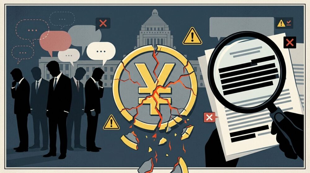 サナエトークン問題で後援会投稿・動画が相次いで削除され、国会で片山財務相が条件付き答弁を行った経緯を時系列で解説した政治ニュース記事のヘッダーイラスト。崩れるコインと国会シルエットのフラットデザイン。