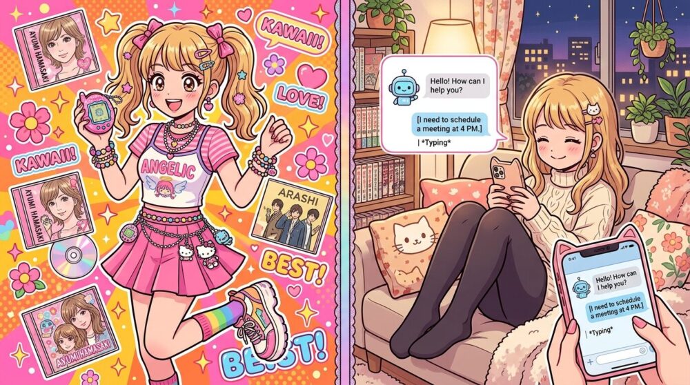 2026年トレンド「平成女児」と「苦労キャンセル」をイメージしたイラスト。左側に平成レトロファッションの女性とたまごっち、右側にAIと家電に囲まれてくつろぐ現代女性を描いた2分割構成。