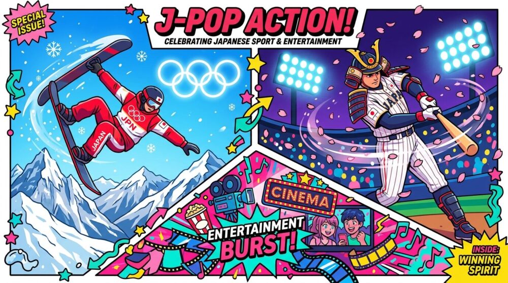 2026年の注目イベントをイメージしたイラスト。スノーボードで金メダルを狙う日本選手のミラノ五輪シーン、桜舞う侍ジャパンのWBC試合シーン、映画館の前で盛り上がるエンタメシーンの3分割構成。
