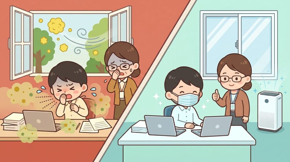職場での花粉症ハラスメント（カフハラ）をイメージしたイラスト。左側にマスクなしでくしゃみをする社員と困惑する同僚の問題シーン、右側に空気清浄機・立体マスク・花粉対策メガネで快適になったオフィスの解決シーンを描いた2分割構成。
