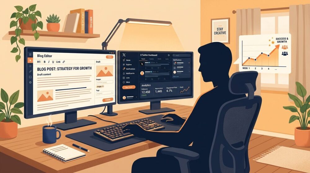 デュアルモニターとメカニカルキーボードを使って副業ブログ・X運用に取り組む在宅ワーカーのイラスト