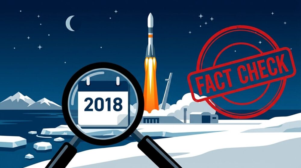 北海道からロケットが打ち上げられるイラスト。虫眼鏡で2018年の古い映像を検証するファクトチェックのイメージ。